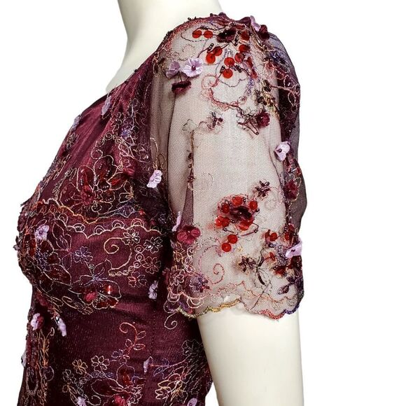 Romantic Womens Burgundy Red Tulle Dress with Floral Embellishments Size Small - Picture 9 of 16